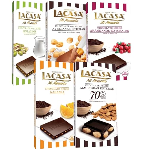 Lacasa pack 5 tabletas de chocolate:leche avellanas, naranja chocolate negro, arándanos,leche pistacho 90g, almendra 200g