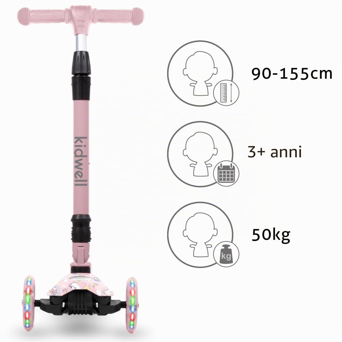 COIL Monopattino per bambini, triciciclo, monopattino, triciciclo, monopattino a tre ruote, scooter da città, cuscinetti ABEC-7, regolazione del volante a 3 livelli, ruote a LED