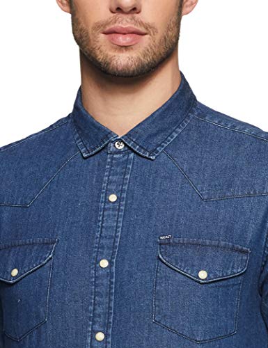 Image of Amazon Brand - Symbol Men's Cotton Slim Fit Denim Shirt | Casual | Plain | Full Sleeve | Summer (Available in Plus Sizes)