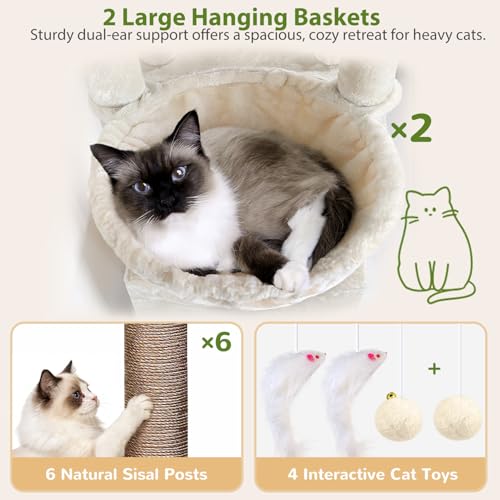 Image of Globlazer 75in Sturdy Cat Tree for Large Cats, Heavy Duty Multi-Level Cat Tower for Indoor Cats with Extended Platform, 2 Spacious Condos, 2 Padded Perches, 6 Sisal Scratching Posts, S75, Beige