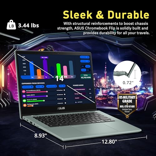 Image of ASUS Chromebook Flip 14 inch FHD Touchscreen Laptop, MediaTek Kompanio 520, 4GB LPDDR4X, 64GB eMMC, MediaTek Integrated Graphics, 720p HD Webcam, WiFi 6, Long Battery Life, Chrome OS, Gray Green (Renewed)