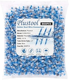 800PCS Blue Solder Seal Wire Connectors AWG16-14, Plustool Solder Seal Heat Shrink Butt Connectors, Marine Grade Waterproof Insulated Electrical Wire Terminals Splice for Automotive Boat Truck Wire