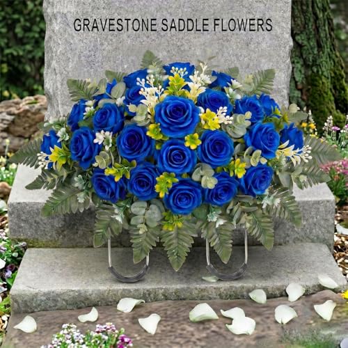 Artificial Cemetery Flowers for Graveside - Headstone Saddle Flower Arrangement, Outdoor Grave Memorial Tombstone Decor, Weather-Resistant Faux Roses (Blue) image 3