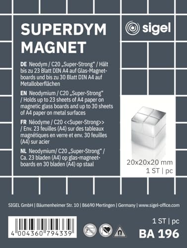 SIGEL BA196 Neodymium Magnet, 2 x 2 x 2 cm, C20 "super-strong" (N48), for Glass magnetic Boards, silver, 1 Piece - Image 2