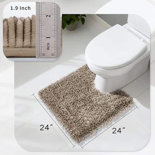Image of Yimobra Toilet Rugs U Shaped Washable, Extra Thick Soft Absorbent Chenille Contour Bathroom Rugs for Toilet 24x24 Inch, Quick Dry Non Slip Toilet Mat for Bath Floor, Camel