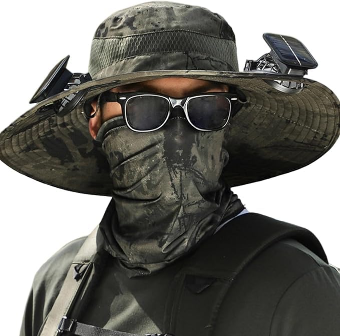 Cappello da pescatore a tesa larga con 2 ventilatori solari, cappello da pesca traspirante per campeggio ed escursionismo, design unisex per protezione solare
