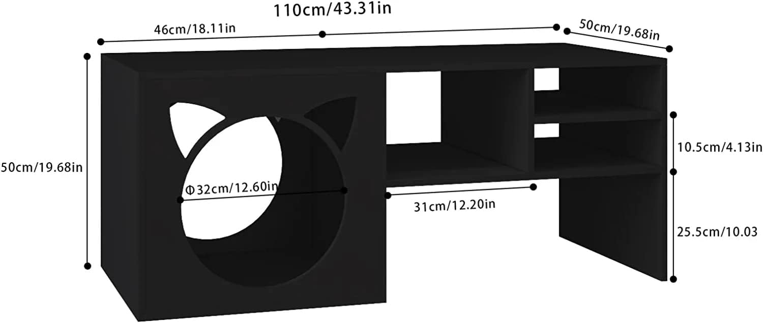 Diagram showing the dimensions of the HOMEFORT Coffee Table with Cat House.