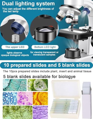 Image of Microscope for Adults WF10x and WF25x eyepieces, 40X-2000X Magnification USB Camera, Microscope for Adults Suitable for Laboratory School Home Education(White Microscope)