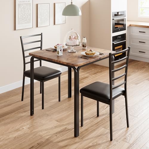 GarveeHome 3-Piece Kitchen Table Chairs Set for Small Space Dining, Space Saving Square Table & 2 Chairs Compact Dinette Set for Kitchen & Dining Room