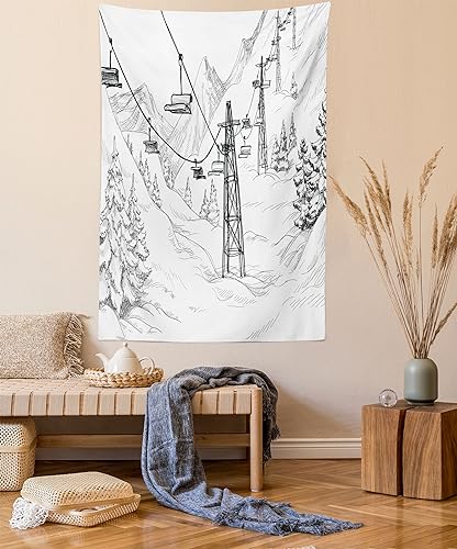 Lunarable Winter Tapestry Queen Size, Ski Lift Fir Trees Monochrome Seasonal Holiday Destination Themed Sketch, Wall Hanging Bedspread Bed Cover Wall Decor, Queen Size, White and Black