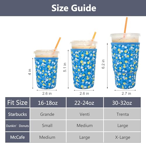 Image of 3 Pack Reusable Iced Coffee Sleeves - Xumbtvs Insulator Sleeve for Cold Beverages, Neoprene Coffee Cup Holder (Floral 02)