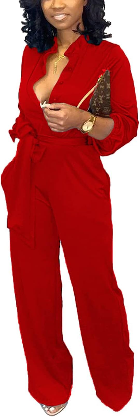 SxClub Jumpsuits for Women Formal Sexy Elegant Long Straight Pants Busineess Party Jumpsuit with Belt Pockets