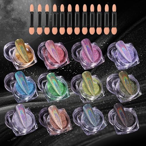 MKNZOME 12 Cajas Polvo Para Uñas Cromado, Efecto Espejo para Uñas Polvo de Uñas Purpurinas Polvo Uñas para Uñas de Decoración Arte Diseño Con 12 iezas Palos De Sombra De Ojos, 5g/Cajas