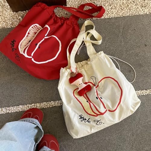 Womens Apple Shoulder Bag with Charm Kawaii Canvas Tote Purse Funky Fruit Purse Y2k Whimsy Twee Accessories4