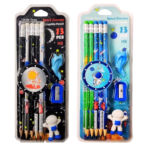Image of PLUSPOINT 26 Pcs Space Theme 20 Pencils for Kids with 2 erasers 2 sharpeners 2 Grips Astronaut Space Design Perfect for Birthday Classroom and School Supply