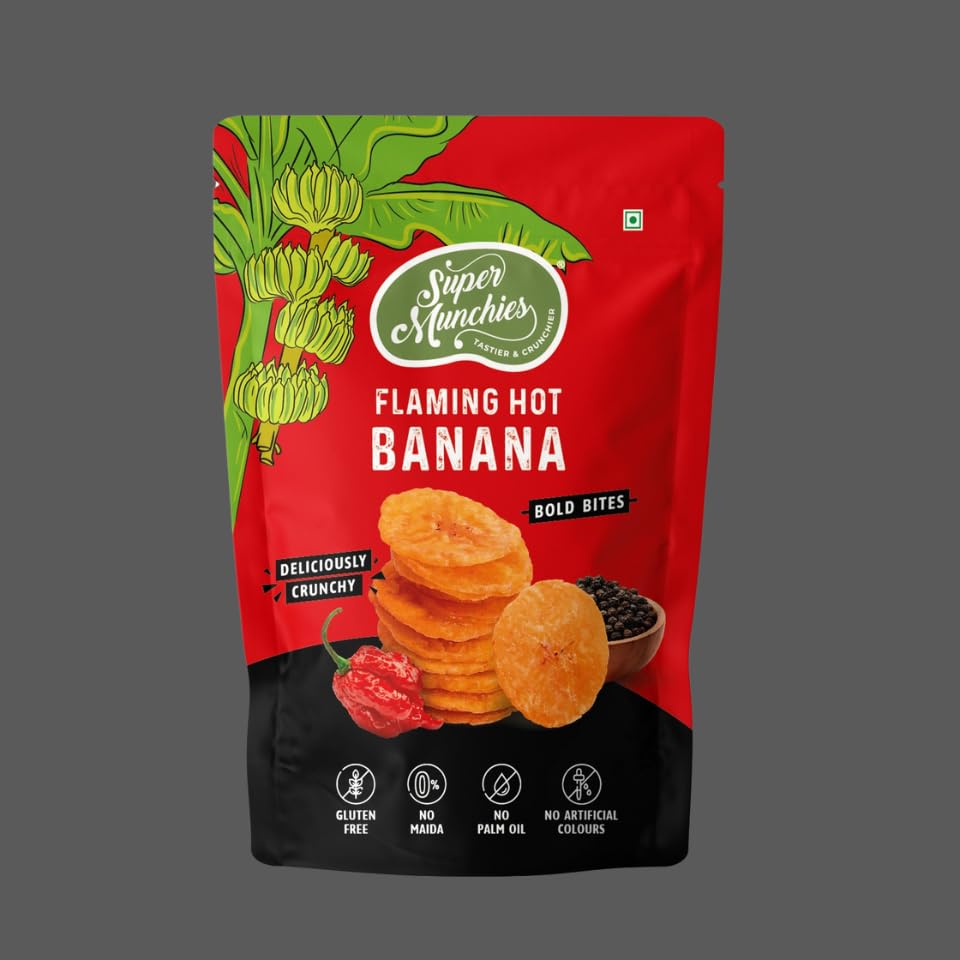 Image of Super Munchies Bold Bites Flaming Hot Banana Chips | Vegan, Gluten Free, No Palm Oil, No Preservatives, No Artificial Colors, Zero Trans Fat, No Cholesterol, No Added MSG (Pack of 8)