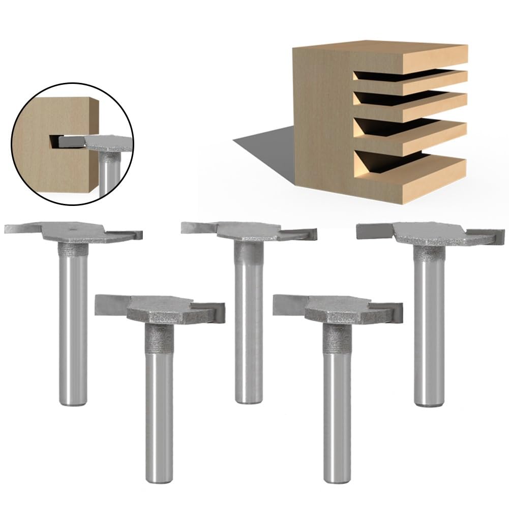 5-teilige Fräser-Bit-Sets, 6 mm/6,35 mm Schaft, klassischer T-Nuten-Fräser, C3-Hartmetall „T“-Typ, Keksverbindung, Schlitzfräser, Holzfräser for die Holzbearbeitung (Size : 6mm)