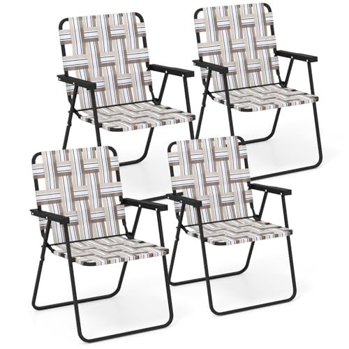 Image of Giantex Beach Chairs for Adults 4-Pack - Camping Chair with Steel Frame, Lightweight Folding Directors Chair, Outdoor Webbing Chair for Patio, Fishing, Yard, Poolside Lawn Chairs Set of 4 (Khaki)