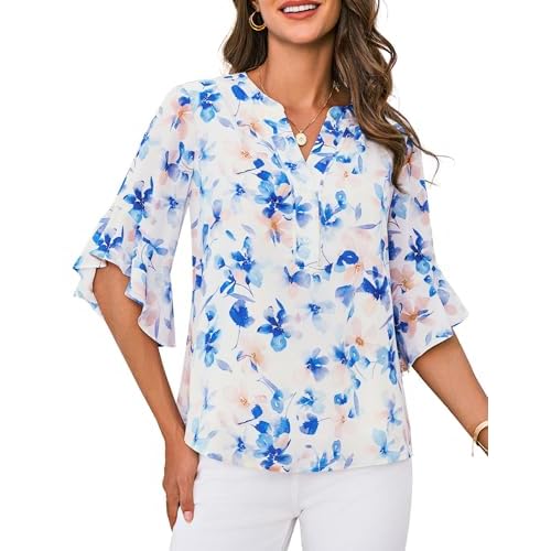 GRACE KARIN Damen Elegante Bluse Sommer Blumen Tunika Boho Leichte V-Ausschnitt Oberteile Urlaub Freizeit Tops Blaue Blumen L