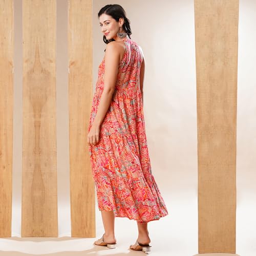 Image of Globus Women's Rayon Blend Fit and Flare Maxi Ethnic Dress (A22IWCDRRYSS0601- Blue