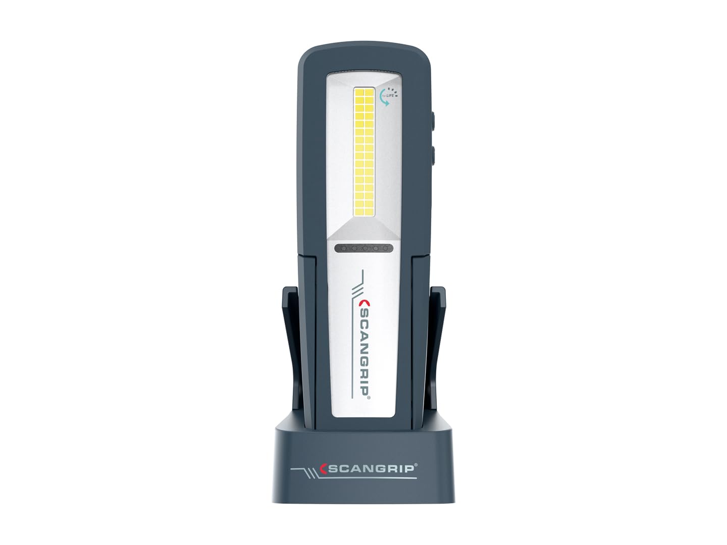 Scangrip Uniform Lámpara de Trabajo LED Recargable | 500 Lúmenes, con Base de Carga, Imán, Gancho y Clip | IP65 Resistente al Agua y Polvo, Cabezal Inclinable, USB-C, Portátil y Ergonómica
