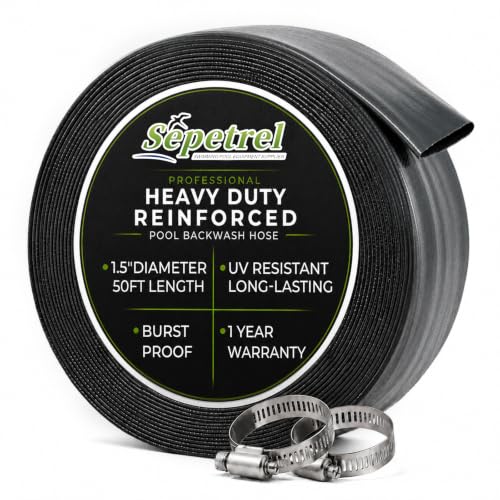 Sepetrel Pool Backwash Hose 1.5 Inch x 50 Feet | Heavy Duty Burst Resistant & Weatherproo Lay Flat Discharge Hose for Pool Sand Filter Sump Pump Inground & Above Ground Pools Includes 2 Clamps