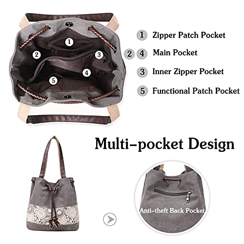 Image of Women Shoulder Bag Canvas Tote Bag Retro Drawstring Bucket Bag Ladies