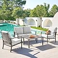 NATURAL EXPRESSIONS Patio Furniture 4 Piece Set,Outdoor Conversation Set Metal Patio Sectional Sofa with High Back Hand-Woven Rope Chairs by Hand Brushed Wood Grain Finish, 6" Cushion for Yard,Garden