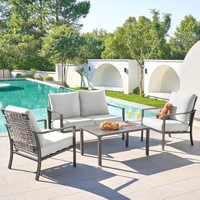 NATURAL EXPRESSIONS Patio Furniture 4 Piece Set,Outdoor Conversation Set Metal Patio Sectional Sofa with High Back Hand-Woven Rope Chairs by Hand Brushed Wood Grain Finish, 6" Cushion for Yard,Garden