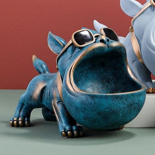 Key Bowl For Entryway Table And Candy Bowl Dish For Office Desk Funny Coffee Table,Pug French Bulldog Statue Retro Blue Resin Statues For Home Decor As Gifts With A Storage Big Mouth Dog #TOP3