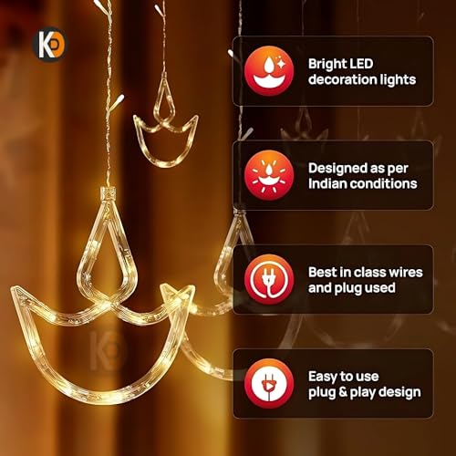 Image of K D 6+6 Diya Yellow Curtain LED String Lights, 138 LEDs (3.5 ft Length + 0.5 FT Length After Adapter = 4ft) with 8 Modes Indoor Outdoor for Home, Diwali, Christmas (Big String Diya 6+6 Yellow)