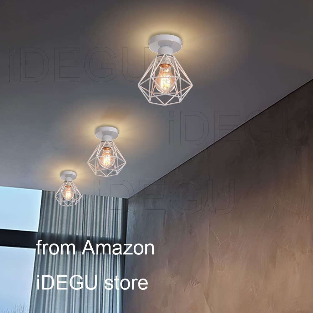 iDEGU Lot de 4 Plafonnier Industriel Vintage Lustre Suspension E27 Rétro Luminaire Design Cage Diamant Fer Lampe de Plafond pour Couloir Salon Cuisine Chambre, Ø16cm (Cage B, Blanc)