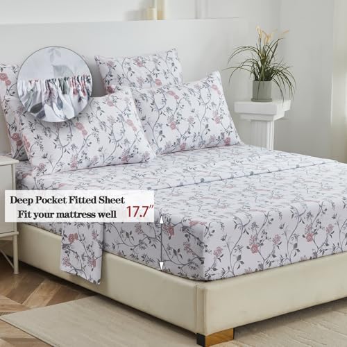 Image of FADFAY Sheets Set Cal King Rustic Bird Floral Bed Sheets Set Vintage Botanical Bedding Shabby Branches Leaves Bedding Collections 100% Egyptian Cotton 17.7 inch Deep Pocket 4Pcs, California King Size
