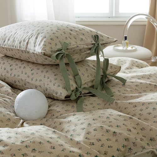 Image of VM VOUGEMARKET Duvet Cover Set Twin 100% Cotton 3 Pcs Girls Green Floral Comforter Cover with Zipper Closure,Cottagecore Style Duvet Cover + 2 Pillowcases with Bowknot-68x86 Inch