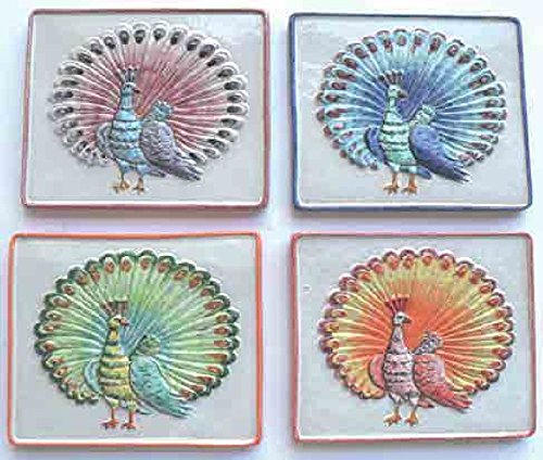 PAVONE PANNELLI A MURO (SET 4 PEZZI) IN CERAMICA DI VIETRI DIPINTI A MANO: ALTEZZA CM. 18, LARGHEZZA CM. 18 MATTONELLE PIASTRELLE PARETE TERRACOTTA