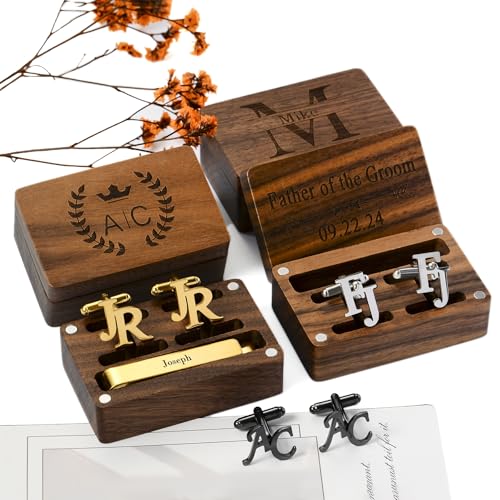 Customization Name Initial cufflinks for men,Stainless Steel Gold Alphabet cufflinks,Custom cufflinks wooden box，Gift for Men,Gift for Father's Day4
