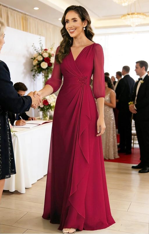 Women's Chiffon Mother of The Bride Dresses Long Sleeve Ruched A Line Ruffles Formal Evening Dress - Image 6