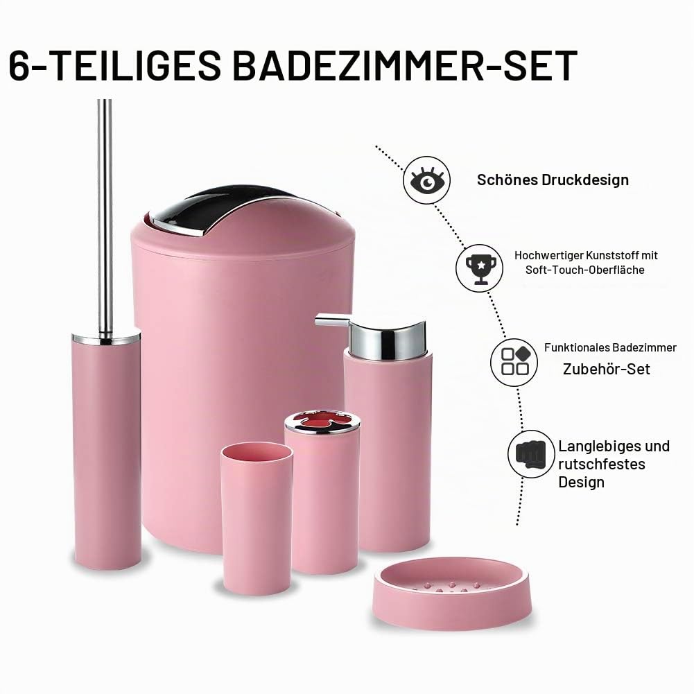 JOTOM 6tlg Badset Badezimmer Zubehör Set Lotionsflaschen Zahnbürstenhalter Zahnbecher Seifenschale Toilettenbürste Mülleimer (Rosa)