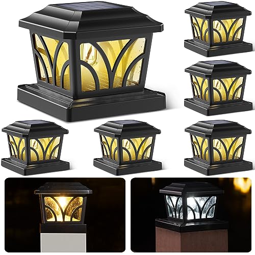 SIEDiNLAR Solar Post Cap Lights Outdoor, Aluminum Glass 2 Modes Edison LED Bulbs for 4x4 5x5 6x6 Vinyl Wooden Posts Deck Fence Patio Decor, Warm White/Cool White Lighting 6 Pack (Black)