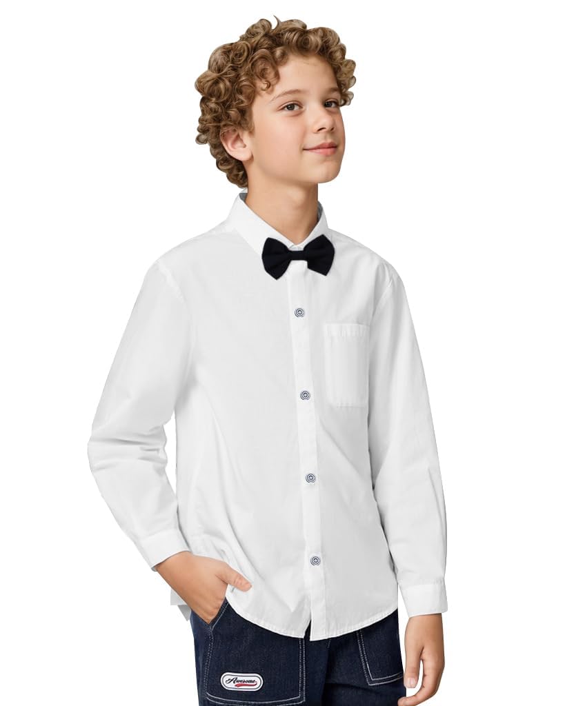 Amissz Camisas de Manga Larga para Niños Camisa Clásica de Botones y Pajarita Desmontable Niños Uniforme Escolar 6-10 Años
