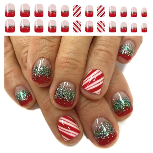 JUYAXIN 24個 クリスマス プレス オン ネイル ショート スクエア ストライプ デザイン 光沢 仕上げ スティック オン ネイル 女性用 女の子用