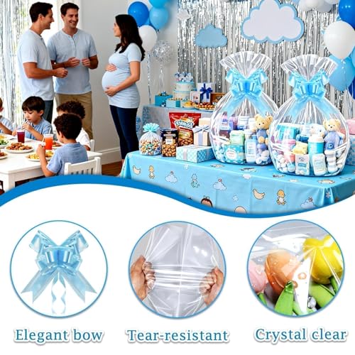 Image of PigPotParty Cellophane Bags for Gift Baskets, 24x30 in, 10 Pack, Blue Bows