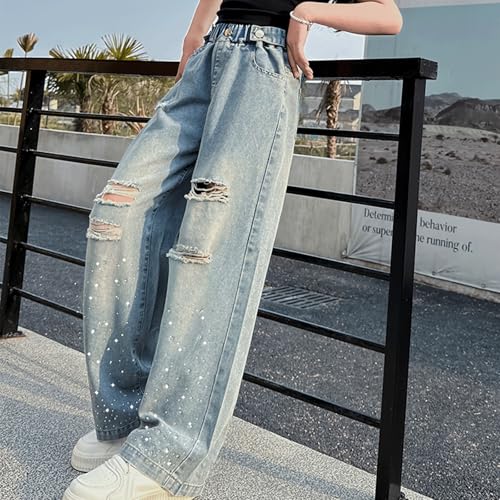 Baggy Jeans for Girls Rhinestone Ripped Wide Leg Pants Adjustable Waist Pockets Cute Jeans for Girls Teen Denim Pants3