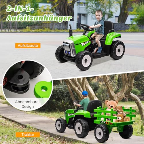 HAUSPROFI 12V 3-Gang Kinder Elektroauto mit Anhänger, Elektro Traktor 2 Fahrmodi, 2,4G-Fernbedienung, Kinder Traktor LED-Licht, Bluetooth, Musik, USB, Elektrischer Traktor für kinder ab 3 Jahren, Grün – Bild 6