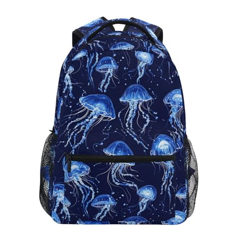 Blue Jellyfish Big Kids Backpack with Custom Tag Full Print Twill Exterior Upright Design with Inner & Outer Pockets for School Essentials Snacks & Travel Gear