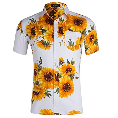XI PENG Men's Flower Short Sleeve Shirt Casual Button Down Hawaiian Floral Print Aloha Beach Shirt (White Sunflower XX-Large)
