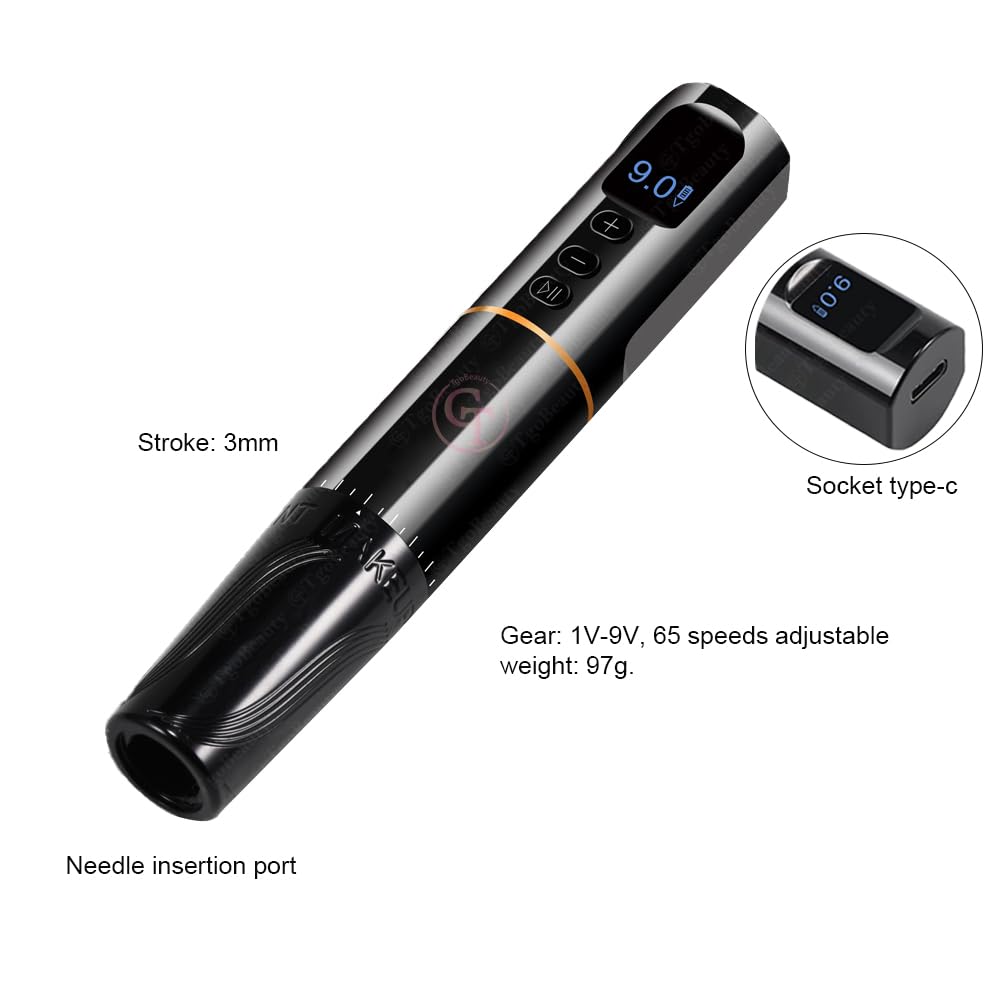 Macchina per tatuaggio senza fili ricaricabile con schermo a LED Macchina per trucco permanente senza motore, lunghezza di ictus 3mm, ingranaggio 1-9V per sopracciglia, PMU labbra (Macchina Nera)