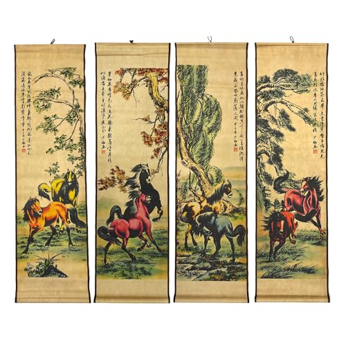 CIFIBIFUN 4 Panels Watercolor Horse Scroll Painting for Living Room Farmhouse Large Wall Hanging Decor, 8 Horses Animal,56.8x49 Inches