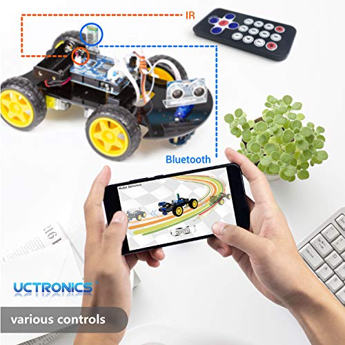 UCTRONICS Smart Bluetooth Robot Car Kit - Board for Arduino UNO R3, Line Tracking, Ultrasonic Sensor, HC-05 Bluetooth, L239D Motor Shield, IR Remote Control, Mobile APP - Charger Included