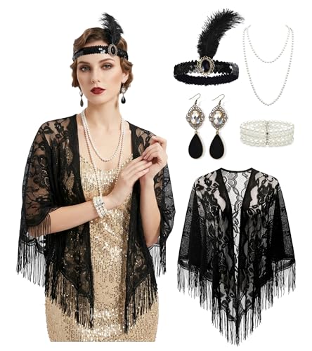 Tinyones 5Pcs 1920s Flapper Accessories Set for Women Roaring 20s Gatsby Costume with Fringed Shawl Headpiece Necklace and Gloves (Black)